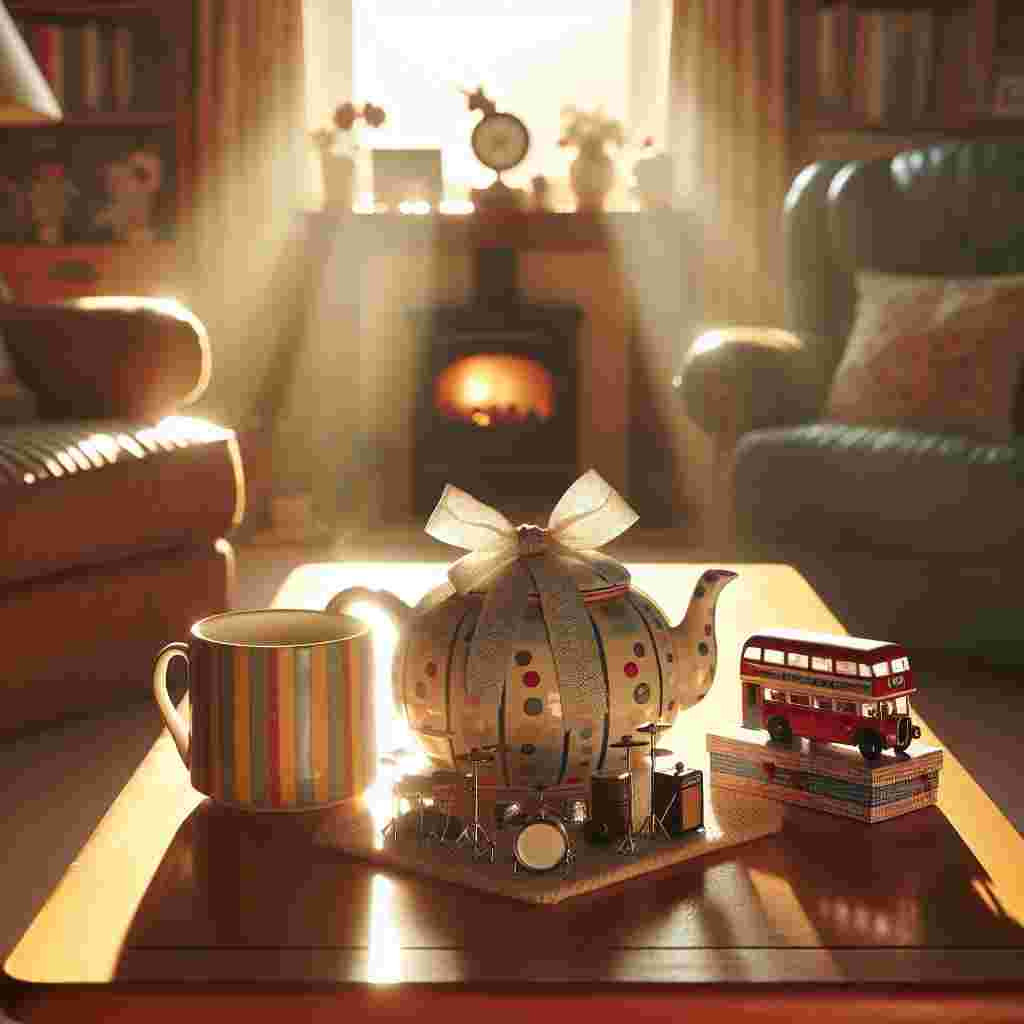 A comfortingly warm living room bathed in the soft glow of the morning sun. The central coffee table reveals an inviting display of presents arranged neatly for father's day. Basking in the sun's glow, a quirky teapot covered in playful stripes and polka dots stands out, a symbol of quiet moments of reflection. Close to it, a tiny drum set adorned with a delicate bow tied around the main drum, echoes with the rhythm and joy of family life. Tucked near the table, a detailed model bus stands out, signifying the journeys and adventures spanning generations.
Generated with these themes: Teapot, Drums, and Bus.
Made with ❤️ by AI.