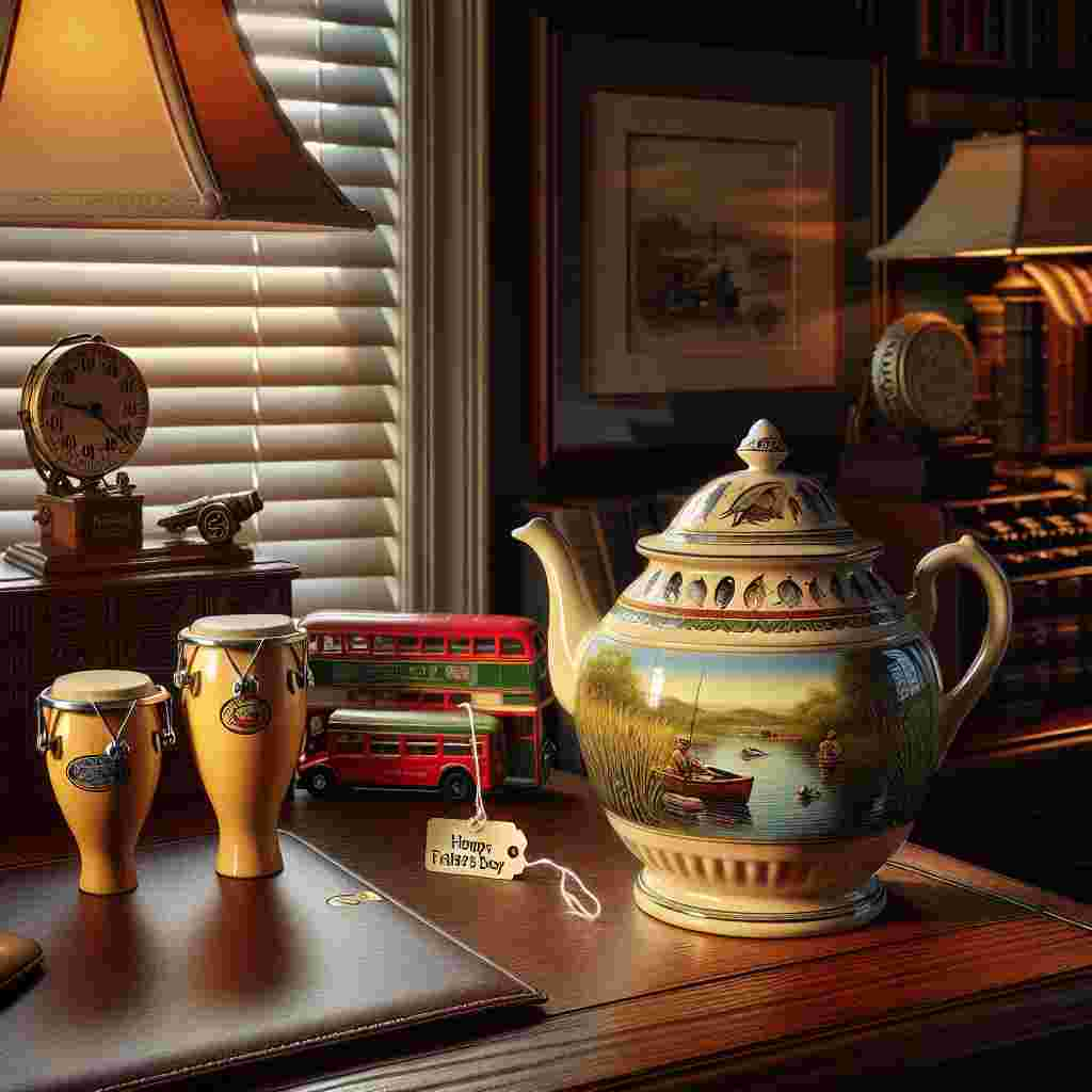 In a classic home office, a warm light permeates through the blinds, embellishing a vintage wooden desk. On the desk, a charming ceramic teapot decorated with fishing lures and pastoral imagery, indicative of favored pastimes, is placed. Beside the teapot, you can see ornamental bongos with a tag that reads 'Happy Father's Day' - a tribute to the occupant's musical pursuits. Nearby on a shelf, a selection of die-cast buses in different colors and from different historical periods are neatly arranged, symbolizing the progress of a father's wisdom and mentorship over time.
Generated with these themes: Teapot, Drums, and Bus.
Made with ❤️ by AI.