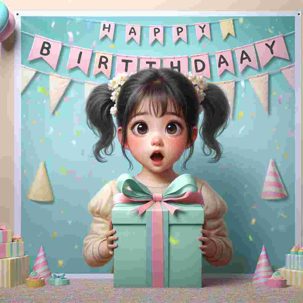 The scene depicts a quirky and unusual daughter brimming with excitement as she unwraps a whimsical present. Behind her, a banner with the words 'Happy Birthday' stretches across a pastel background adorned with cute party hats and confetti.
Generated with these themes: unusual daughter  .
Made with ❤️ by AI.