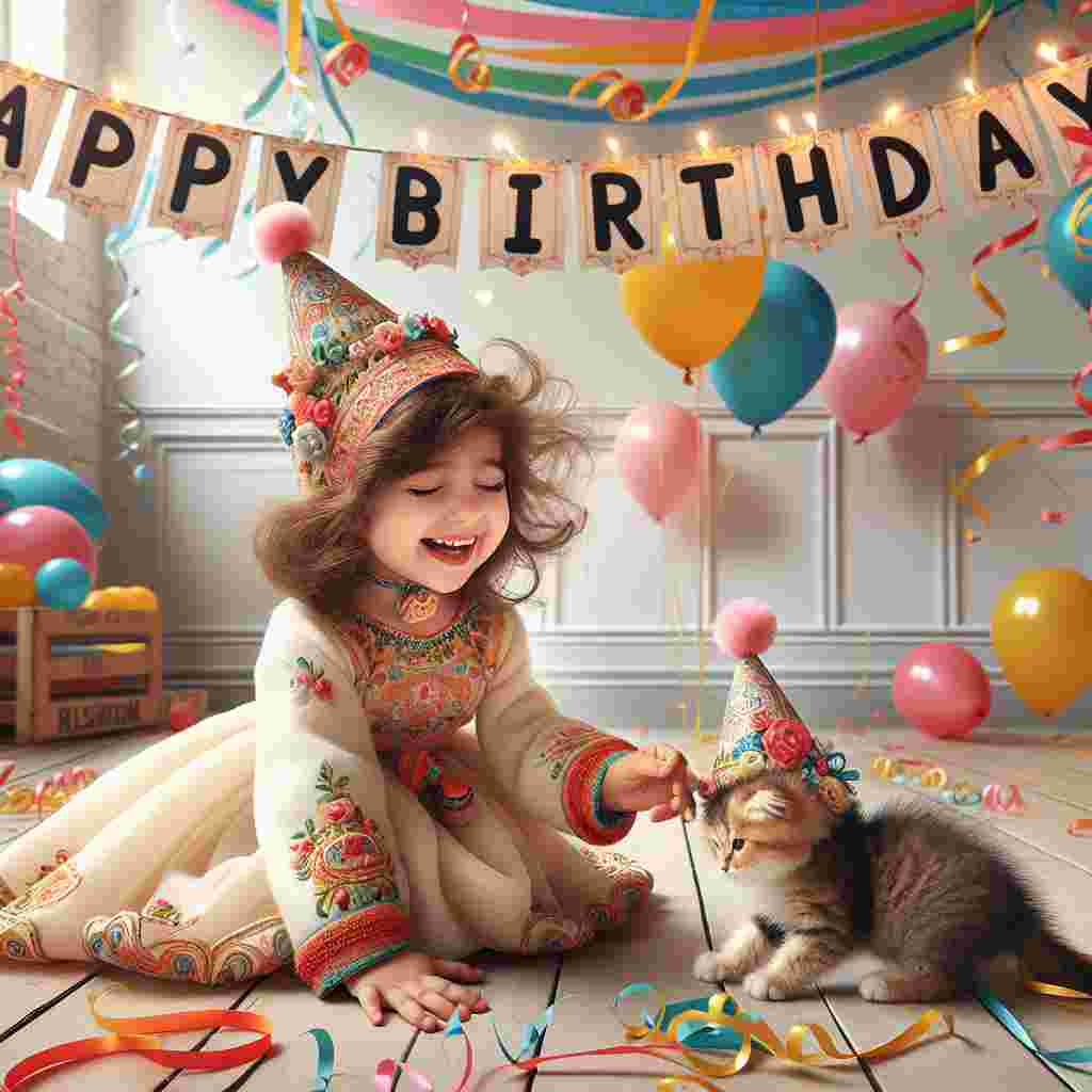 A delightful birthday illustration portraying an unusual daughter playing with a kitten, both wearing party hats. They are inside a room decorated with streamers, balloons, and a banner above them proudly announcing 'Happy Birthday' in curly letters.
Generated with these themes: unusual daughter  .
Made with ❤️ by AI.