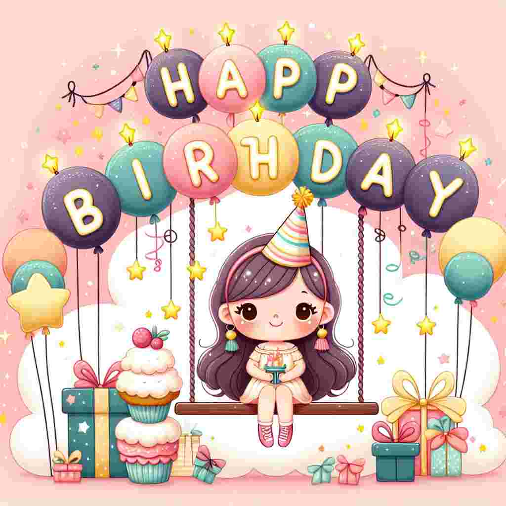 In this cute birthday-themed illustration, an unusual daughter is depicted donning a party hat, seated on a fantasy-themed swing with cupcakes and presents around. The 'Happy Birthday' greeting appears in the sky formed by the stars shining brightly.
Generated with these themes: unusual daughter  .
Made with ❤️ by AI.
