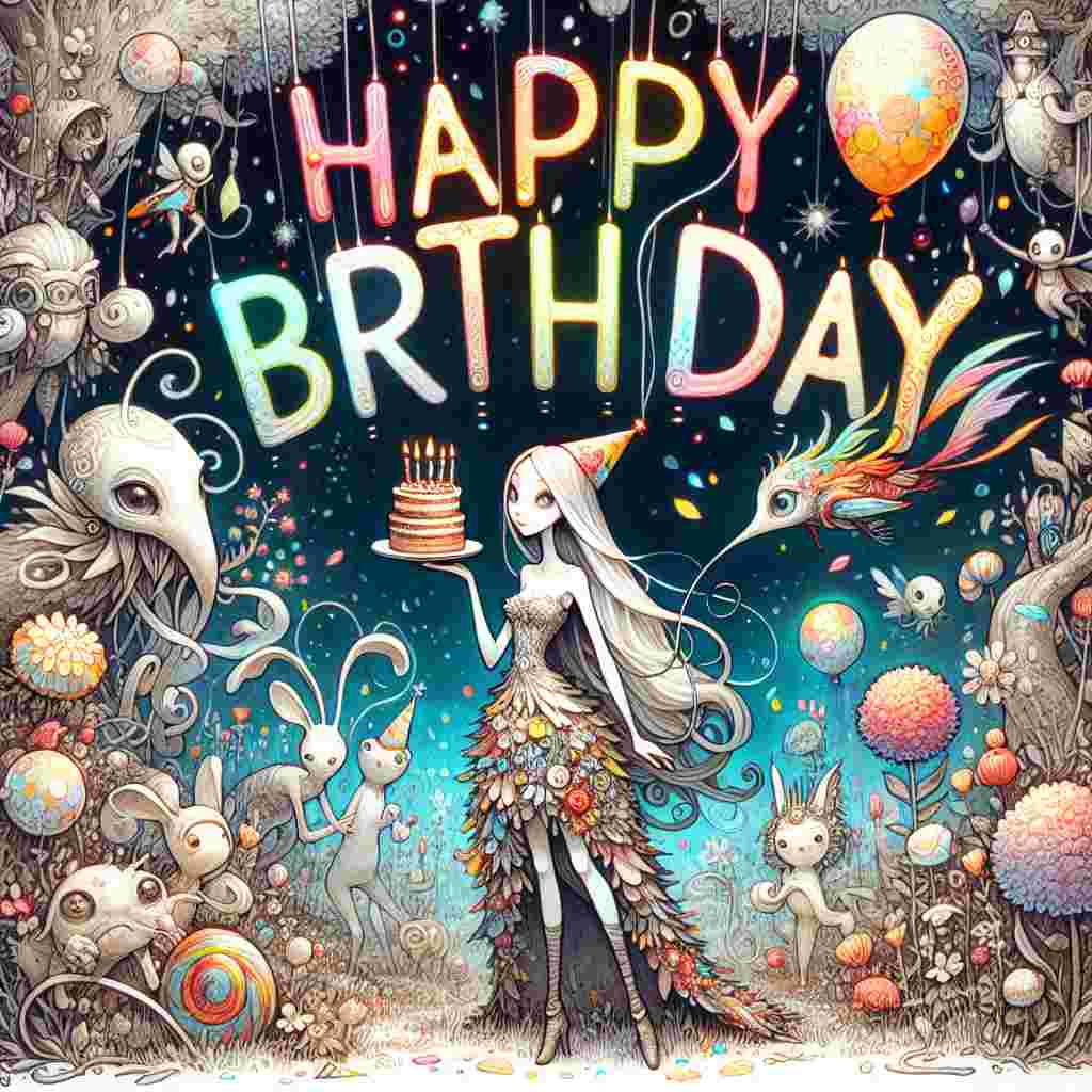 A charming birthday illustration showcases an unusual daughter character standing in a magical garden, surrounded by whimsical creatures. She holds a piece of birthday cake in one hand and a balloon in the other. Above her floats the text 'Happy Birthday' in sparkling, playful font.
Generated with these themes: unusual daughter  .
Made with ❤️ by AI.