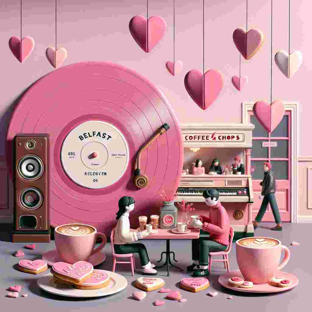 Set against a pastel pink background, envisage an image of a warm and inviting coffee shop in Belfast on Valentine's Day. Customers are engrossed in enjoying their beverages along with record-shaped cookies decorated with a modern music band logo. Pink paper hearts hanging from the ceiling add an endearing romantic flair to the scene. At the heart of this scene, a couple is enjoying a gentle, affectionate moment. Their table holds a fresh pink vinyl record playing soothing tunes, perfectly complementing the day's theme.
Generated with these themes: Records , The band 1975, Belfast , and Pink.
Made with ❤️ by AI.