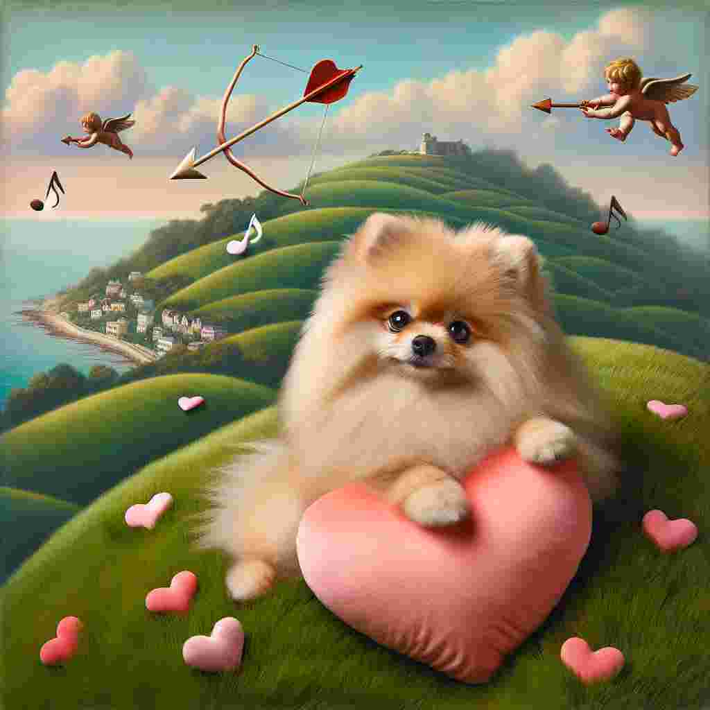 Create an enchanting scene where a fluffy Pomeranian sits atop undulating grassy hills, with the backdrop of a coastline painted in soft pastel hues. The pooch is endearingly holding a heart-shaped pillow with its petite paws, mimicking a famous pose from a well-known movie about a clandestine organization. Musical notes symbolizing its affection for melody are gleefully suspended in mid-air. To underscore the theme of Valentine's Day, Cupid's arrows are whimsically dispersed across the sky.
Generated with these themes: Pomeranian, Fight club, Music, Rolling hills, and Coast.
Made with ❤️ by AI.