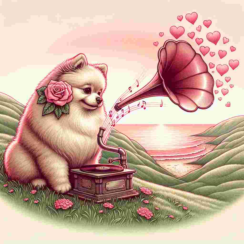 Create a charming illustration of a fluffy Pomeranian, beautifully adorned with a rose in its fur. The dog is sitting atop gently rolling hills, leading down to a peaceful coast. It is lovingly looking at an old-fashioned gramophone, out of which a surge of heart shapes that represent musical notes are flowing into the sky, giving a sense of rebellion associated with the concept of 'Fight Club' with the softness of Valentine's Day. The verdant landscape gracefully transitions into the calming, rosy tones of the beach, capturing the essence of romance and the spirit of Valentine's Day.
Generated with these themes: Pomeranian, Fight club, Music, Rolling hills, and Coast.
Made with ❤️ by AI.