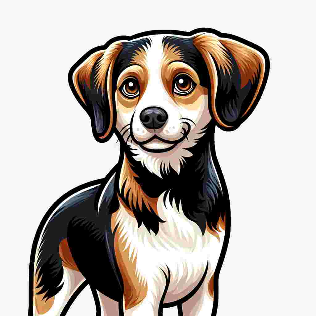 Create a delightful cartoon image that features a mixed breed adult dog with an average physique. The dog's coat showcases a charming patchwork of black, tan, and white colors. Under its floppy ears, brown eyes gaze out with warmth, adding an extra layer of charm to the scene.
.
Made with ❤️ by AI.