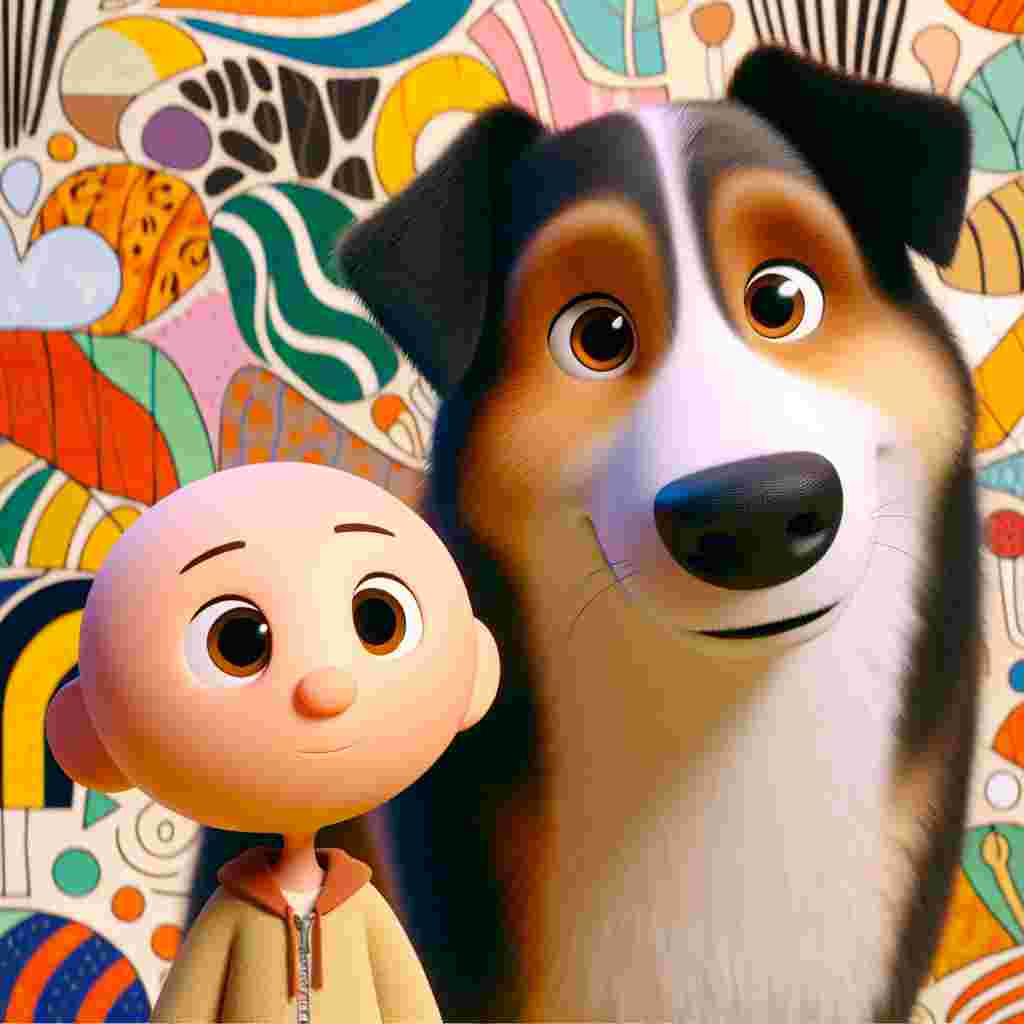 In an animated scene filled with whimsical elements, a nondescript character stands next to a lovable mixed breed dog. The adult dog has a coat of soft, fluid lines in shades of black, tan, and white, presenting a warm contrast to its soulful brown eyes that radiate a gentle friendliness. The environment around them hints at the playful adventures they share, full of colors and unique elements that make up their unique world.
.
Made with ❤️ by AI.