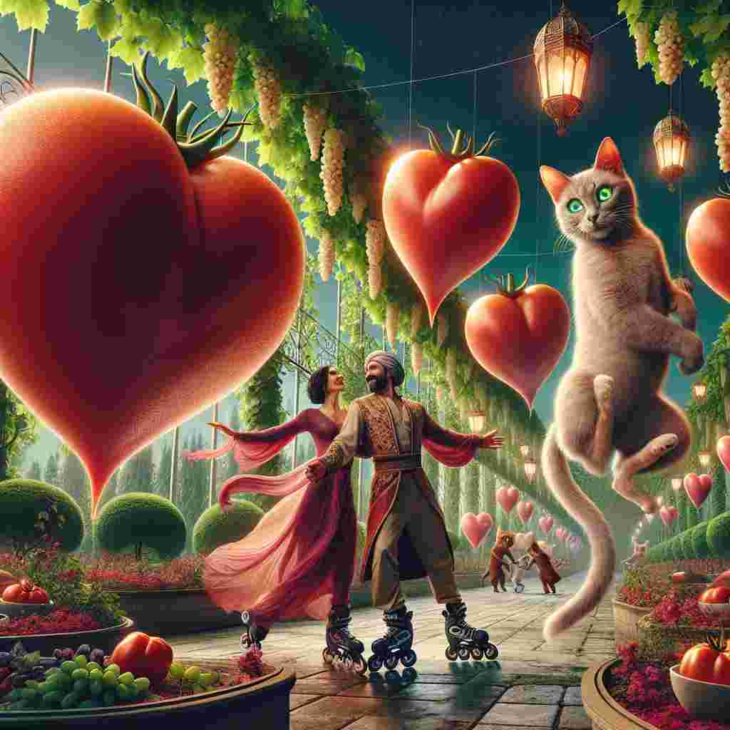 An ethereal Valentine's day scenario plays out in a flamboyantly rich garden plot where enormous, heart-shaped tomatoes sway from the grapevines. Two graceful felines with glistening, silk-like fur perform an entrancing dance on their back legs, symbolizing pure love. In the backdrop, a Middle-Eastern man and a Caucasian woman on rollerblades navigate between the garden beds, their journey illuminated by lanterns resembling Cupid's bow. They take a pause to savor a alfresco meal made up of peculiar, love-inducing edibles that seem to challenge the norms of culinary science, merging the quintessence of romance with elements of the fantastical.
Generated with these themes: Cats, Allotment , Inline skating , and Food.
Made with ❤️ by AI.