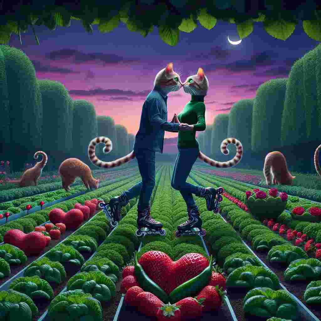 In a vibrant green garden at twilight, two cats with realistic human eyes express affection by intertwining their tails. This garden is unique, with heart-shaped vegetables sprouting from the soil. A loving Middle-Eastern man and a Caucasian woman, glide through the garden rows on inline skates. They take a pause, immersing themselves in an unusual ceremony – a feast of strawberries enveloped in chocolate and edible roses. Their shared laughter accentuates the enchantment of this surreal Valentine's Day scene.
Generated with these themes: Cats, Allotment , Inline skating , and Food.
Made with ❤️ by AI.