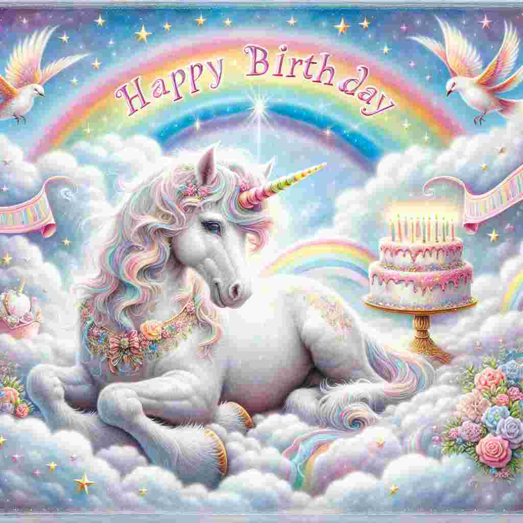 A playful pastel scene portrays a magical unicorn with a glittering mane standing on a cloud. Surrounding it are stars, a rainbow arching in the distance, and a floating birthday cake with candles lit. The 'Happy Birthday' message appears in a banner held aloft by two cheerful birds at either side of the unicorn.
Generated with these themes: art  .
Made with ❤️ by AI.