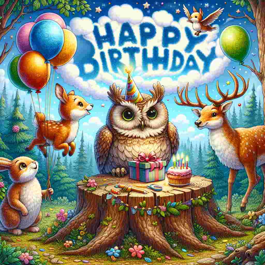 A lively digital drawing depicts a group of animated forest creatures gathered around a stump that serves as a birthday table. There's an owl wearing a party hat, a deer with a gift, and a rabbit holding a bunch of helium balloons. In the sky above them, clouds form the words 'Happy Birthday,' as if written by the trail of an airplane.
Generated with these themes: art  .
Made with ❤️ by AI.
