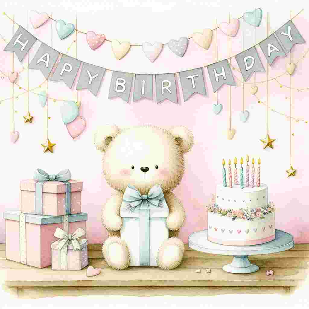 A charming watercolor illustration shows a pastel birthday party scene with a fluffy bear holding a gift. Garlands of hearts and stars dangle overhead, and a small, round cake with lighted candles sits on a table, surrounded by wrapped presents. The sweetly scripted 'Happy Birthday' text is nestled amongst the decorations, giving it a cozy, celebratory feel.
Generated with these themes: art  .
Made with ❤️ by AI.