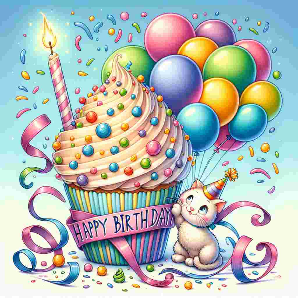 A whimsical scene featuring a large, frosted cupcake topped with rainbow sprinkles and a single sparkling candle. A cluster of colorful balloons float gently in the background, while a cute, cartoon-style kitten wearing a birthday hat playfully swats at the strings. The words 'Happy Birthday' curl around the cupcake's base in a cheerful, handwritten font.
Generated with these themes: art  .
Made with ❤️ by AI.
