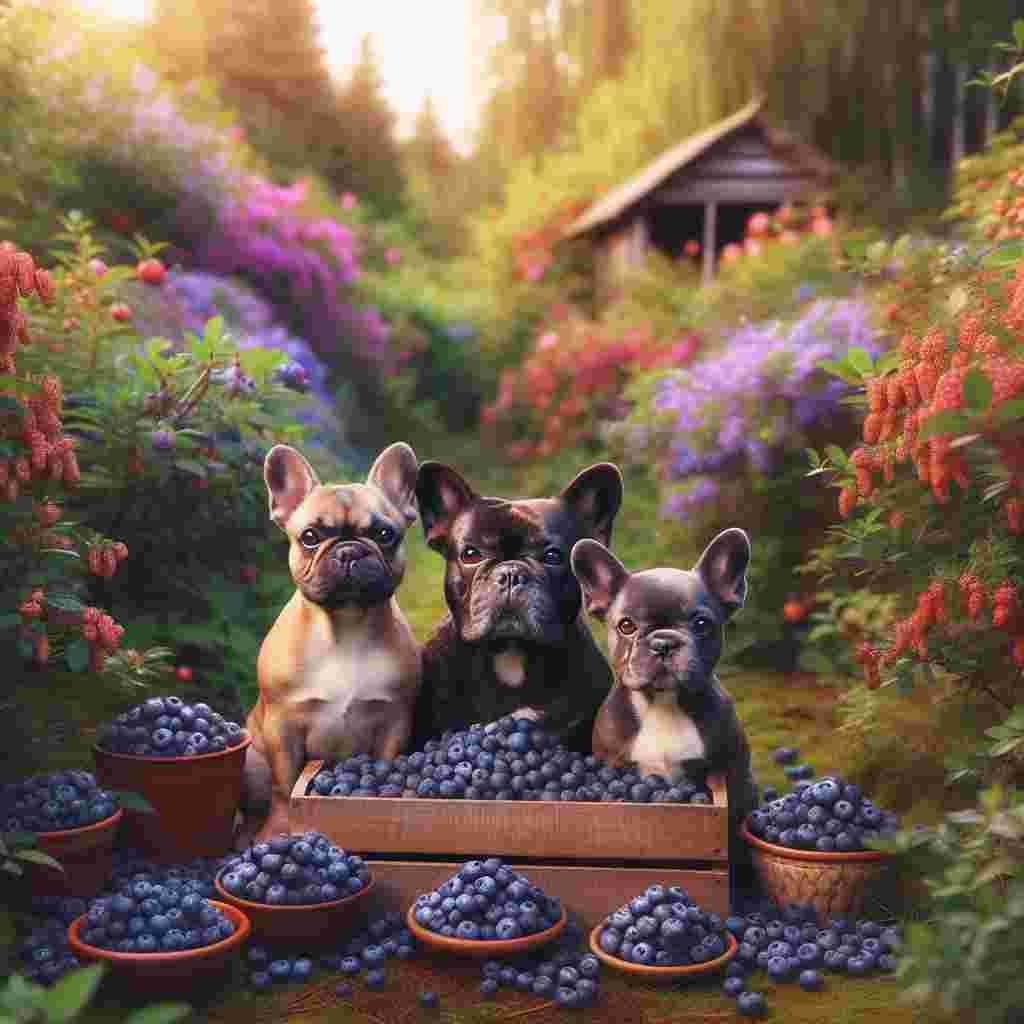 Create a warm and cozy image of a group of French Bulldogs situated amongst a bountiful spread of blueberries in a vibrant and lush garden. The dogs have a gentle and affectionate gaze, and the tranquil setting teems with nature's bounty. The scene is intended to softly convey feelings of sympathy and comfort, extending a visual hug to the viewer.
Generated with these themes: French bulldogs, Blueberries, and Gardening.
Made with ❤️ by AI.