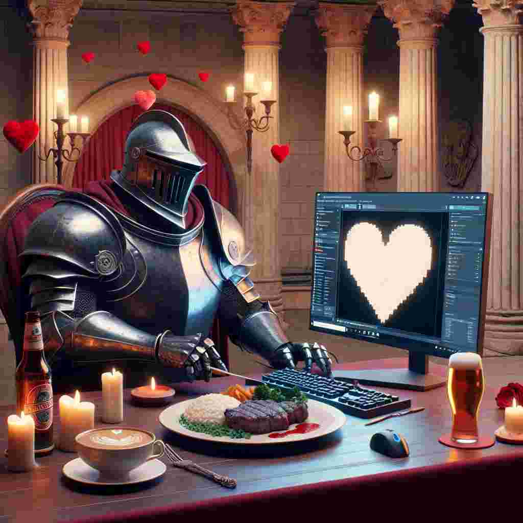 In this romantic scene suitable for Valentine's Day, an unknown armored knight stands beside a computer displaying digital hearts, portraying a modern love for gaming. The table in front of him showcases a lavish meal of steak and beer, accompanied by a heart-shaped creamy risotto, infusing the scene with an aura of romance. In the background, architectural elements reminiscent of the Roman Empire, such as columns and arches, provide a temporal contrast to the contemporary foreground, painting a love story that transcends time.
Generated with these themes: Hollow Knight, Risotto, Beer, Steak, Computers, and Roman Empire.
Made with ❤️ by AI.
