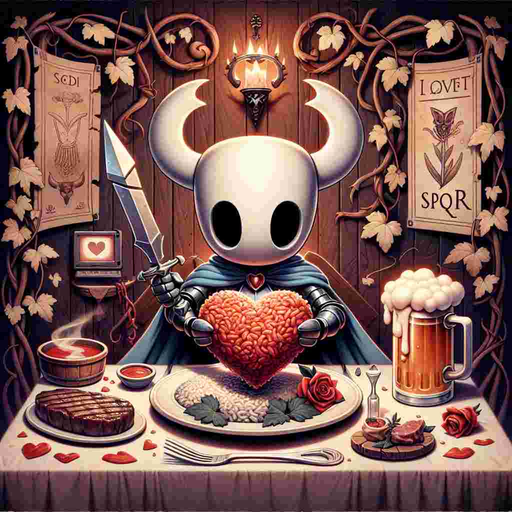 An enchanting Valentine's Day illustration displays a small, helmeted warrior character akin to Hollow Knight presenting a heart-shaped risotto to his valentine. The background depicts a comfy table arranged with a juicy steak and a foamy mug of beer, conjuring an atmosphere of romantic dinner. Elements reminiscent of the Roman Empire, like vine leaves and SPQR inscriptions, are scattered around, lending a classical touch. Tucked away in a corner, a computer screen shows a digital valentine card, creating a meld of modern technology with traditional themes.
Generated with these themes: Hollow Knight, Risotto, Beer, Steak, Computers, and Roman Empire.
Made with ❤️ by AI.