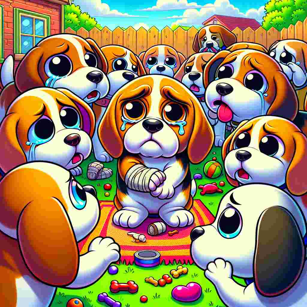 Create a vibrant cartoon-style illustration featuring a congregation of adorable beagles engrossed in a touching scene in a vibrant backyard. One dog at the center of the group is distinguished by a tiny cast it wears on its paw. The other dogs surround it with faces full of exaggerated frowns and furrowed brows, symbolizing their heartfelt sympathy. Bring out the comical element by depicting one beagle dramatically wiping off a tear with a large handkerchief. The backdrop is a colourful yard, strewn with various doggy toys, adding a sense of playfulness amidst this show of doggy solidarity.
Generated with these themes: Beagles.
Made with ❤️ by AI.