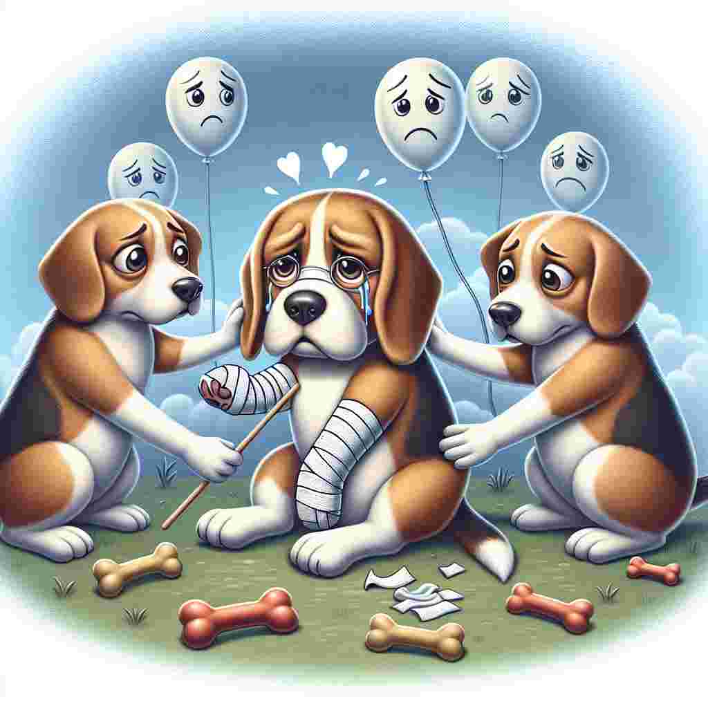 Create a light-hearted illustration featuring a beagle at the center appearing disheartened with bandages around its tail. It is being comforted by other sympathetic beagles, one placing a supportive paw on the hurt dog's back, and another extending its beloved chew toy. Heighten the comical and empathic tone of the scene with the addition of balloons floating in the background, each bearing a melancholic face. The entire scene takes place in a fantastical dog park.
Generated with these themes: Beagles.
Made with ❤️ by AI.