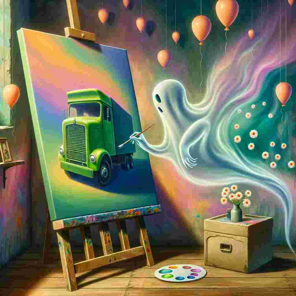 Depict an image of a faintly glowing ghost, with a sense of whimsy in its aura. It hovers above an easel in a snug and dimly lit corner adorned with hovering balloons that are shaped like melting clocks. Using its transparent hands, the spectre delicately applies vibrant color to the canvas, illustrating a lime-green commercial vehicle with comically oversized wheels from which tiny daisies seem to emerge. The background of the painting swirls with pastel tones, weaving a surreal landscape that integrates the vehicle's assumed journey and the dreamy surroundings. This paints a notion of motion and existence in the inanimate object.
Generated with these themes: ghost painting a picture of a green lorry .
Made with ❤️ by AI.