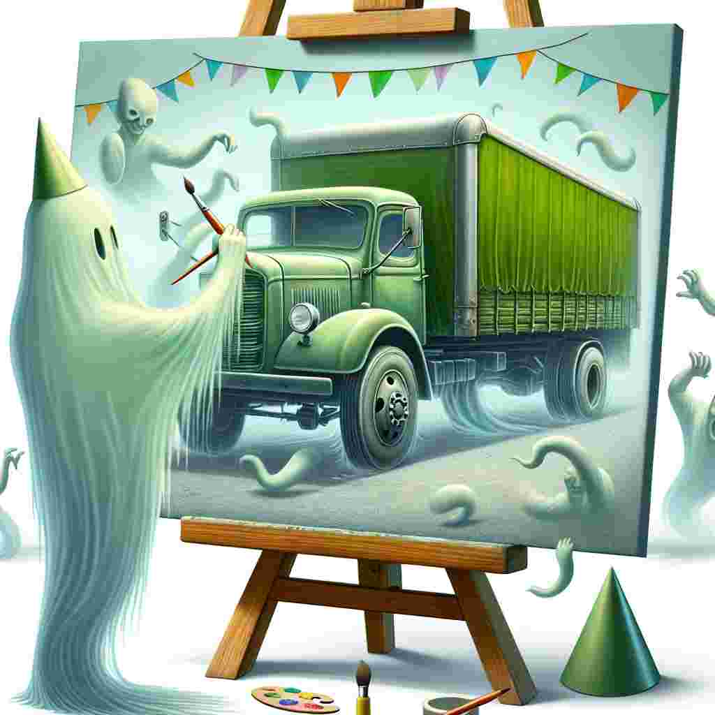 Imagine an unusual birthday scene with a surrealistic touch. A translucent ghost, in clothes resembling that of a painter, stands before an easel. The ghost's fingers, endowed with a faint glow, deftly move across the canvas, rendering a peculiar moss green lorry. The vehicle has an unusual quality, as if it's swimming in air thick as water. Spectral guests wearing whimsical party hats add to the strange atmosphere. Unnaturally curling streamers further contribute to the dreamlike environment. The truck itself is an anomaly too, with its wheels seemingly rotating inward in a way that transcends normal physics, giving the impression of dynamic motion within an otherwise still illustration.
Generated with these themes: ghost painting a picture of a green lorry .
Made with ❤️ by AI.