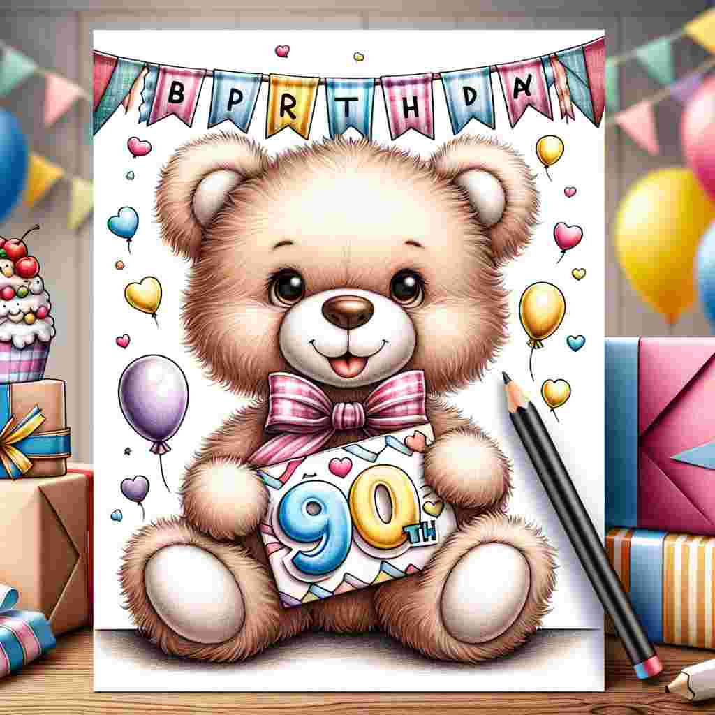 An illustration depicts a cute teddy bear holding a banner that reads '90th,' sitting next to a pile of neatly wrapped gifts. In the background, 'Happy Birthday' is inscribed on a festive banner draped across a wall adorned with streamers and balloons.
Generated with these themes: 90th  .
Made with ❤️ by AI.