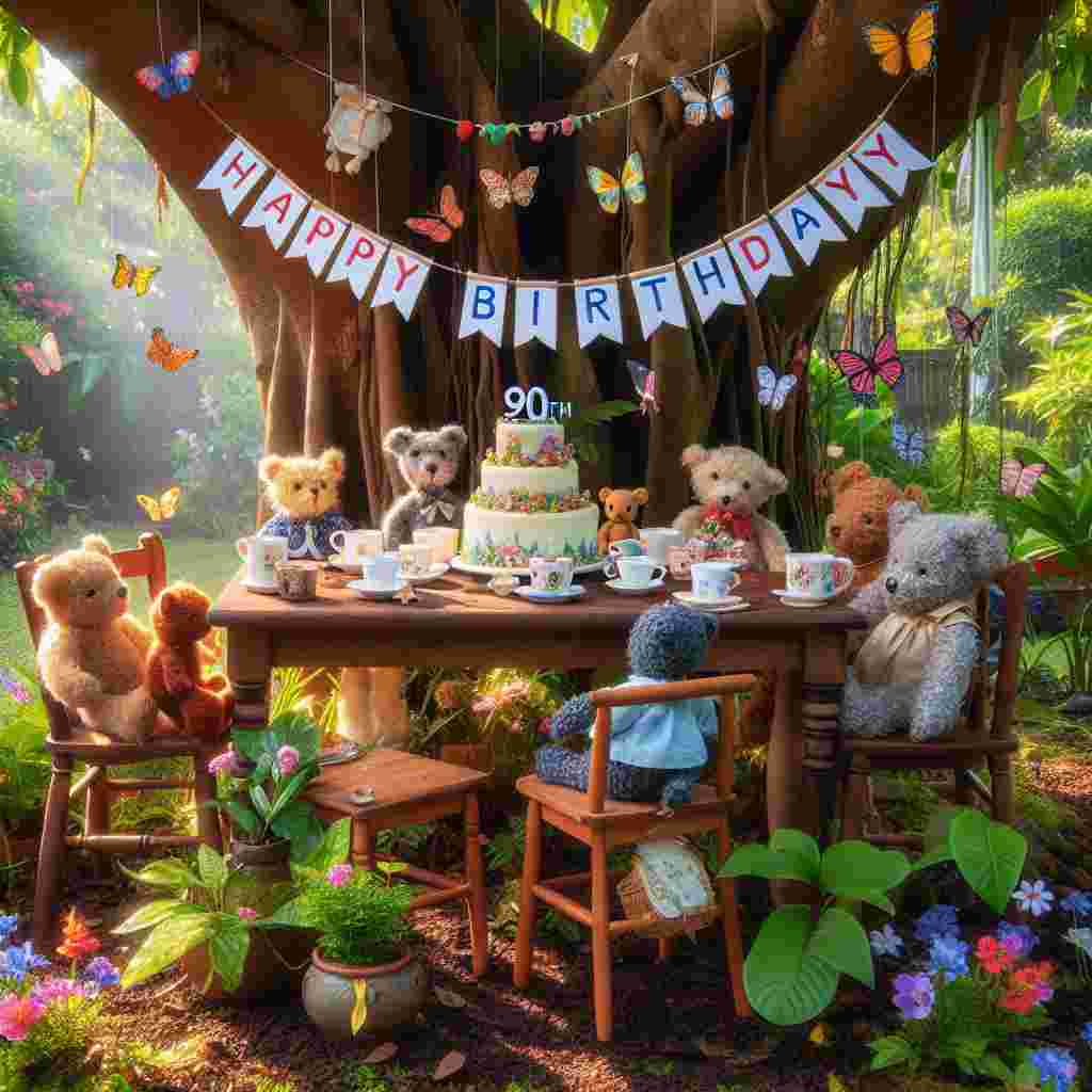 The image portrays a picturesque tea party with stuffed animal guests seated around a miniature table, on which rests a tiny birthday cake topped with '90th.' Hanging from the tree above is a banner with the letters 'Happy Birthday,' surrounded by butterflies and flowers.
Generated with these themes: 90th  .
Made with ❤️ by AI.
