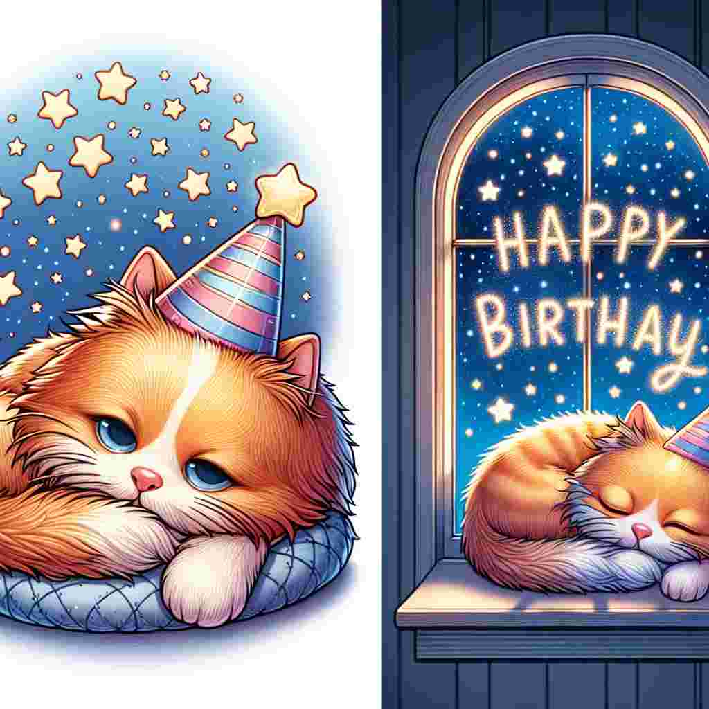 A charming scene shows a sleepy cartoon cat curled up on a plush cushion, with a '90th' party hat tipped over its ear. Next to the cat, a window reveals the night sky with stars that spell out 'Happy Birthday,' casting a gentle glow over the room.
Generated with these themes: 90th  .
Made with ❤️ by AI.