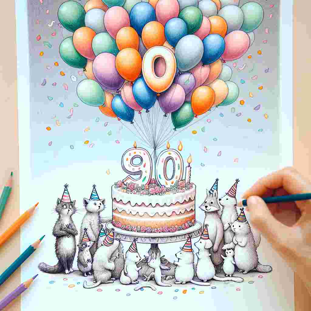 A whimsical drawing features a group of animated animals wearing party hats, gathered around a large cake with '90th' written in icing. Above them, colorful balloons form the words 'Happy Birthday,' set against a backdrop of pastel confetti.
Generated with these themes: 90th  .
Made with ❤️ by AI.