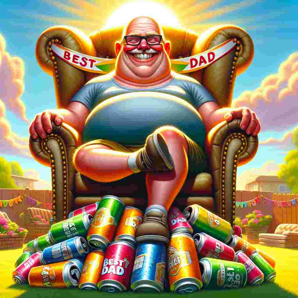 Depict a vibrant backyard bathed in the golden rays of a sunny day, creating a celebratory atmosphere for Father's Day. In the center, place a ludicrously large, plush armchair festooned with ribbons stating 'Best Dad'. Seated comfortably within the chair is a joyful, plump, Caucasian man with a clean, bald head and glasses. He sports a stubble beard that adds to his fatherly charm. A grin stretches wide across his face, humans his mirth. He's perched atop a fantastical pile of colorful beer cans depicted in a cartoonish style. See a few cans in precarious positions as if on the verge of tipping over, adding a touch of whimsy.
Generated with these themes: Fat bald man with glasses and stubble beard sitting on a pile of beer.
Made with ❤️ by AI.