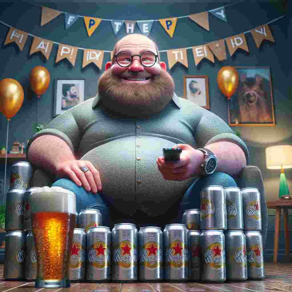 Create an image of a cozy and welcoming living room filled with Father's Day trimmings, featuring banners and balloons. In the heart of the room is a stout, bald Caucasian man with round spectacles and a short, bristled beard. He sits at ease on a pile of significantly large beer cans that imitate a throne. His face beams with satisfaction while holding a TV remote controller. The unseen television's animated light is reflected in his glasses, accentuating the laid-back ambiance of the scene.
Generated with these themes: Fat bald man with glasses and stubble beard sitting on a pile of beer.
Made with ❤️ by AI.