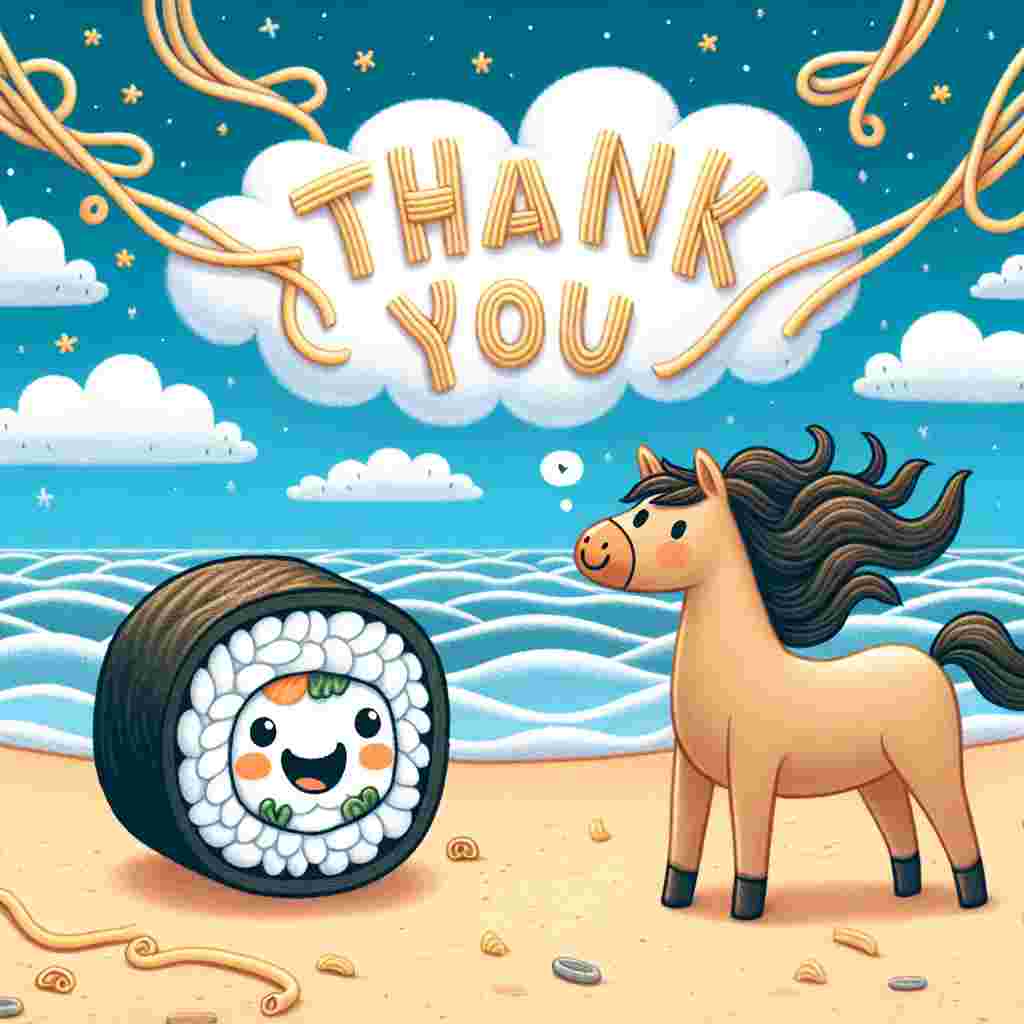 A cozy and playful illustration portrays a cheerful sushi roll with a smile, standing on a sandy beach with tranquil waves creating a gentle backdrop. Nearby, an energetic horse of no specific breed joyfully cavorts close to the water's edge. In the sky above, an unexpected twist sees the the boundlessness filled with pasta, with strands of spaghetti intertwined among the plush, white clouds to spell out the words 'Thank You'. This welcoming scenery brings together aspects of gratitude with a sprinkle of surprise.
Generated with these themes: Sushi, Horses, Beaches, and Spaghetti.
Made with ❤️ by AI.