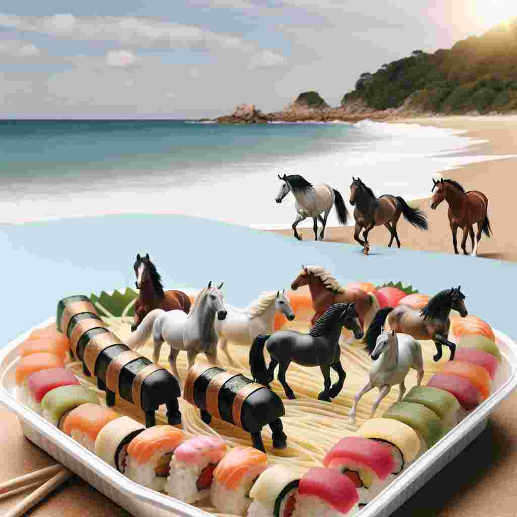 Illustrate a peaceful beach with the soothing waves serving as a backdrop where magnificent horses of various descents trot along the shoreline. In the foreground, a delightful arrangement of miniature sushi characters and strands of spaghetti take the shape of a heart, symbolizing gratitude. The delightful scene emphasizes a sense of thankfulness with each component, from the diverse horses to the tranquil beach location, coming together to create a picturesque and heartfelt thank you note.
Generated with these themes: Sushi, Horses, Beaches, and Spaghetti.
Made with ❤️ by AI.