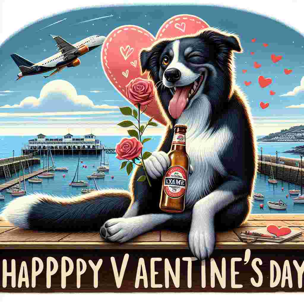 An enchanting Valentine's Day illustration that showcases a lovestruck Border Collie sitting on the recognizable Lyme Regis Cobb harbour, clutching a generic bottle of beer. The alluring sea view enhanced by the silhouette of a generic commercial airplane soaring above, establishes a romantic backdrop. The dog, with its tail wagging playfully, radiates affection from its eyes. It seems to be winking and flirting with the viewer, inviting them into an ambience of love and delightful tranquility.
Generated with these themes: Border collie, Brewdog beer, Lyme regis, Airbus a320, and Flirting.
Made with ❤️ by AI.