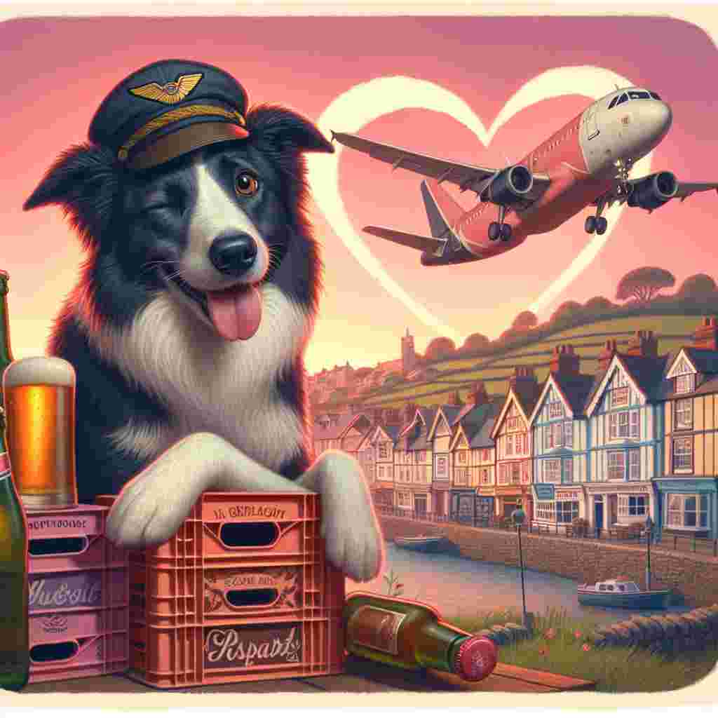 Create an image of a Valentine's Day card with a lively color palette. This card features a Border Collie with a charming demeanor, sporting a pilot's hat and nonchalantly leaning on a stack of generic beer crates. Set in the backdrop, a quaint town, reminiscent of English coastal towns like Lyme Regis, is bathed in the warm hues of a rosy sunset. Above in the sky, an Airbus A320 crafts a heart shape, adding to the romantic setting. The Collie throws a playful wink towards an unspecified admirer passing by, adding a playful flirtatious tone to the whole scene and emphasizing an atmosphere of whimsical affection and love celebration.
Generated with these themes: Border collie, Brewdog beer, Lyme regis, Airbus a320, and Flirting.
Made with ❤️ by AI.