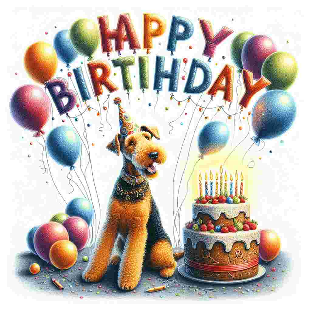 An illustration featuring a cheerful Airedale Terrier wearing a party hat, surrounded by colorful balloons and a large cake with candles. The text 'Happy Birthday' is written in bubbly letters above.
Generated with these themes: Airedale Terrier  .
Made with ❤️ by AI.