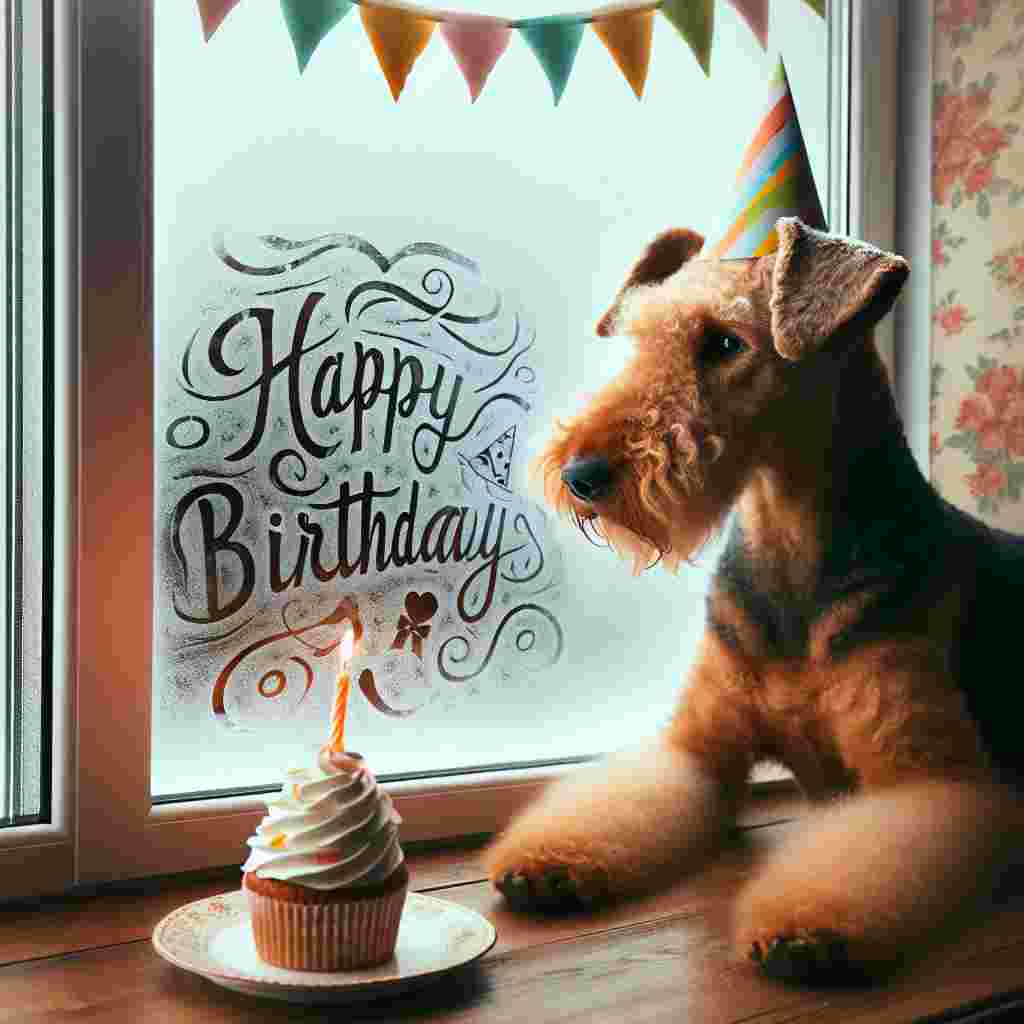 A cozy birthday scene with an Airedale Terrier sitting in front of a window with party streamers. A cupcake with a single candle is beside the dog, and 'Happy Birthday' is etched on the windowpane in a frosty font.
Generated with these themes: Airedale Terrier  .
Made with ❤️ by AI.