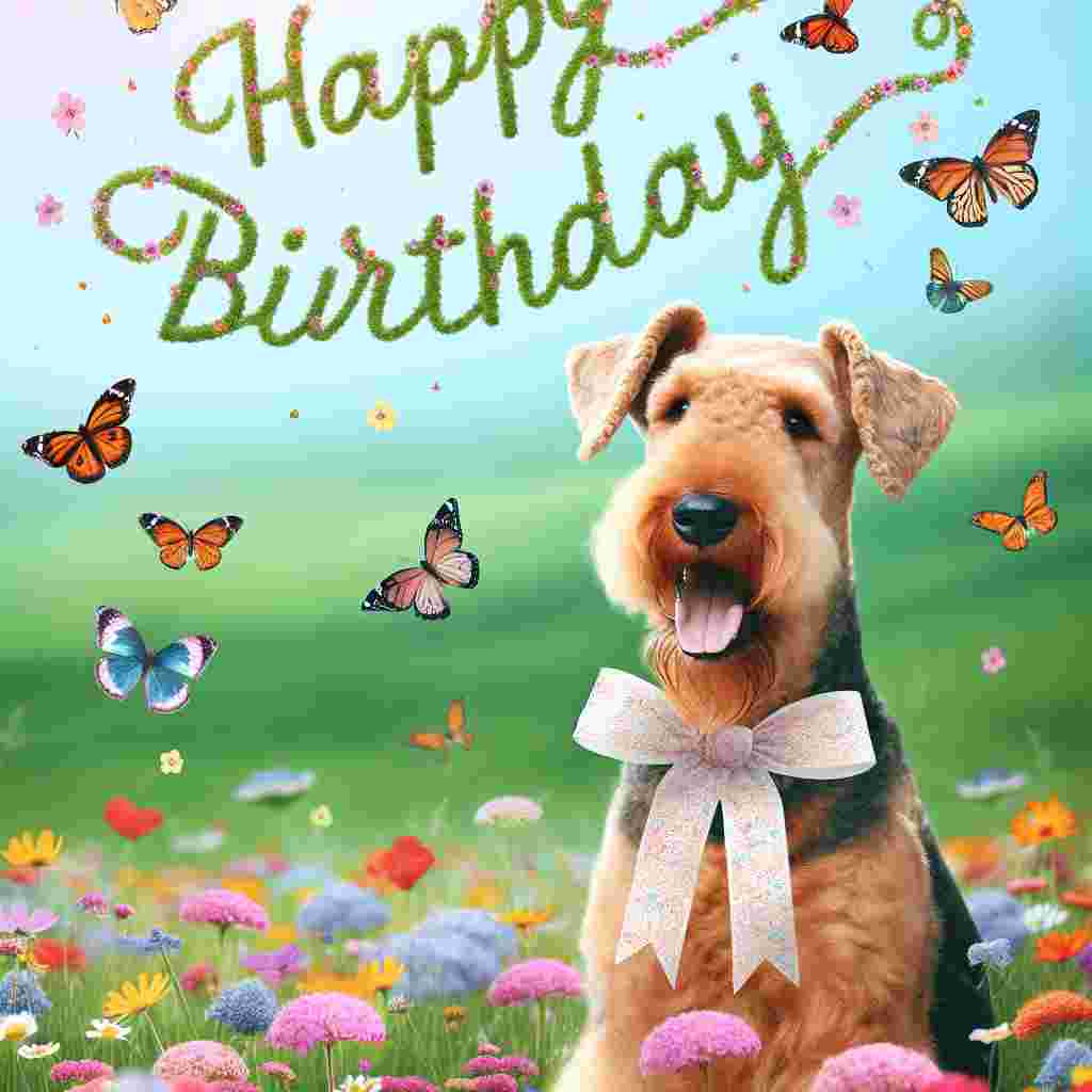 A playful Airedale Terrier with a ribbon around its neck, amidst a field of wildflowers. Butterflies flutter around and above them, the words 'Happy Birthday' float like a banner in the sky.
Generated with these themes: Airedale Terrier  .
Made with ❤️ by AI.