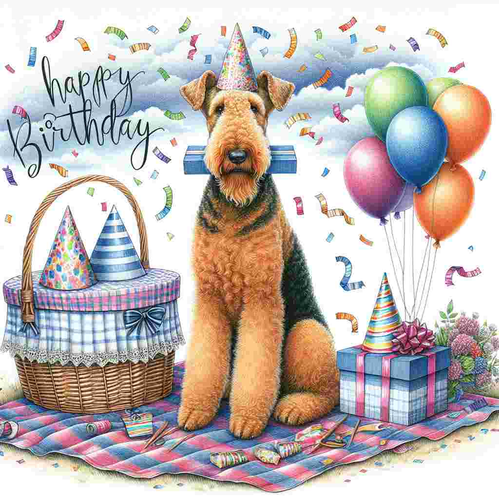 A charming illustration of an Airedale Terrier on a picnic blanket holding a gift in its mouth. Colorful birthday hats scatter around as confetti falls from above. The 'Happy Birthday' message is written on the picnic basket.
Generated with these themes: Airedale Terrier  .
Made with ❤️ by AI.