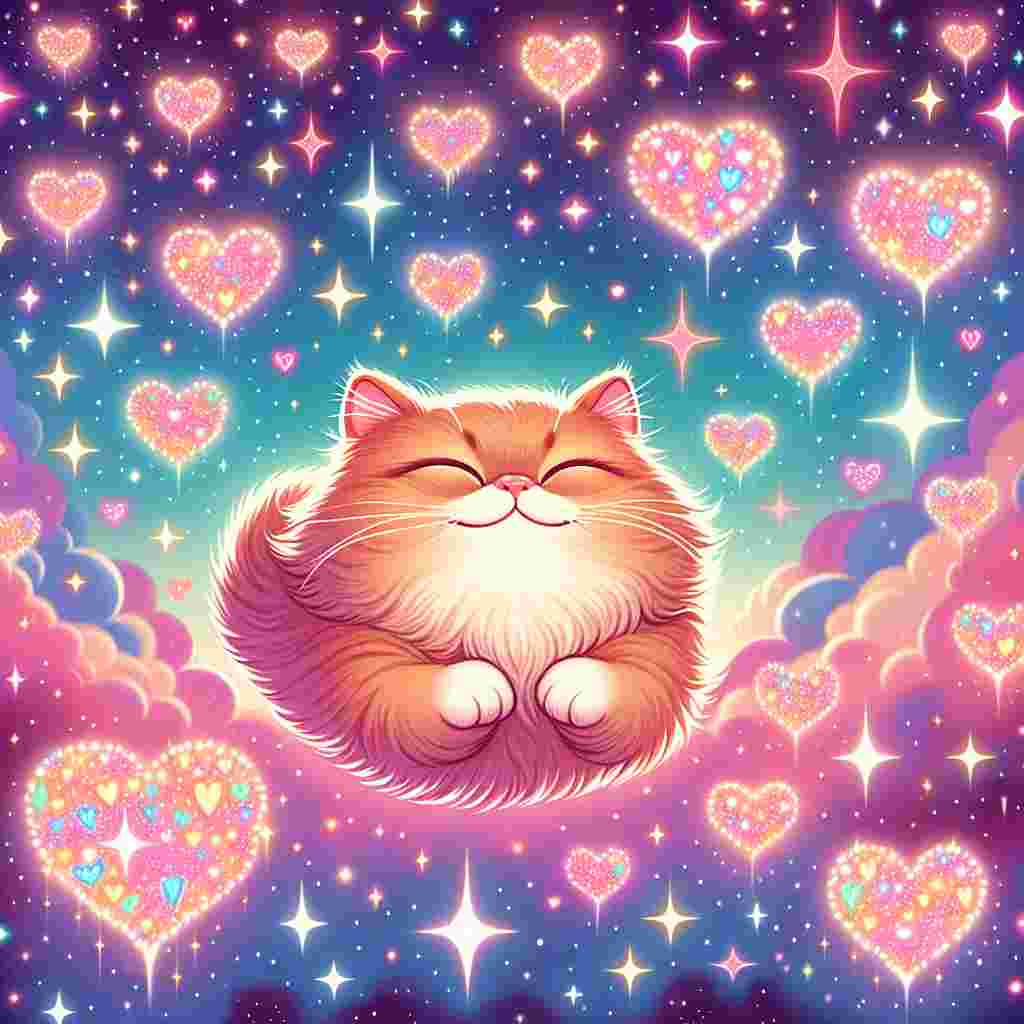 Create a whimsically picturesque illustration celebrating Valentine's Day. The central figure is a contented and fluffy ginger Persian cat with its eyes tightly closed in a blissful smile, floating as if experiencing zero gravity. The backdrop depicts the mesmerizing pastel colors of space, adorned with twinkling stars that form luminous heart shapes. Some of these shining celestial bodies cluster together, forming the word 'Love' across the expansive cosmic canvas.
Generated with these themes: Ginger pertion cat, Space, and Stars.
Made with ❤️ by AI.