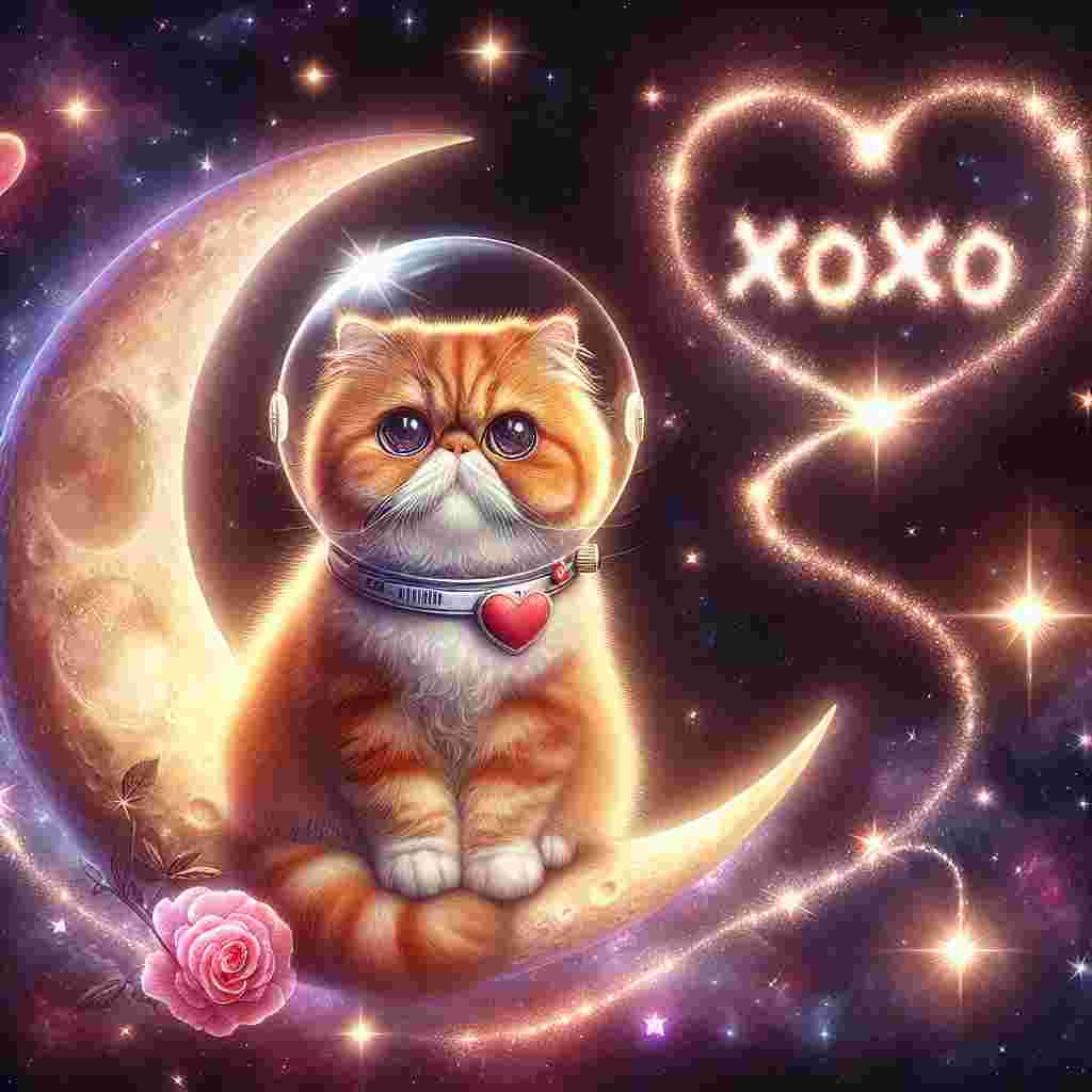 Create an endearing Valentine's Day scene featuring a ginger Persian cat with large, loving eyes. The cat is wearing a tiny astronaut helmet and delicately sits on a crescent moon. It is surrounded by an array of radiant stars that appear scattered in the deep, dark space. The twinkling stars and ethereal nebulae naturally form heart shapes, signifying the day of love. Finally, a faint trail of stardust sketches out an 'XOXO' pattern, perfectly capturing the romantic ambiance of Valentine's Day.
Generated with these themes: Ginger pertion cat, Space, and Stars.
Made with ❤️ by AI.