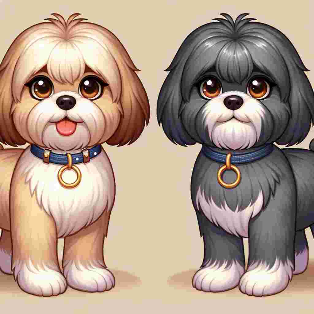 Craft a delightful animated depiction featuring two adult Shih Tzu dogs standing next to each other, each showcasing their ordinary, well-cared-for physiques. The dog on the left gives a warm impression with its fluffy beige fur, while its compatriot on the right shows off a glossy grey coat. Both pets possess sparkling brown eyes that amplify their appealing expressions.
.
Made with ❤️ by AI.