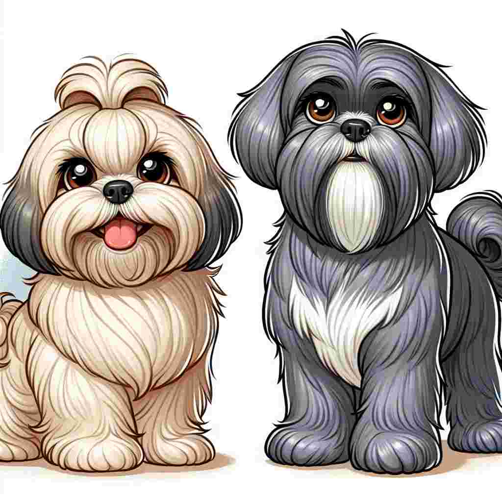 Illustrate a whimsical cartoon depiction of two adult Shih Tzu dogs exhibiting the breed's typical sturdy build. On the left, a fluffy beige-coated dog is showcasing an adorable head tilt, invoking a feeling of joy. On the right, a grey-coated dog with a dignified aura is standing in a proud posture. Both dogs have brown eyes that sparkle with a friendly gleam, augmenting their endearing expressions.
.
Made with ❤️ by AI.