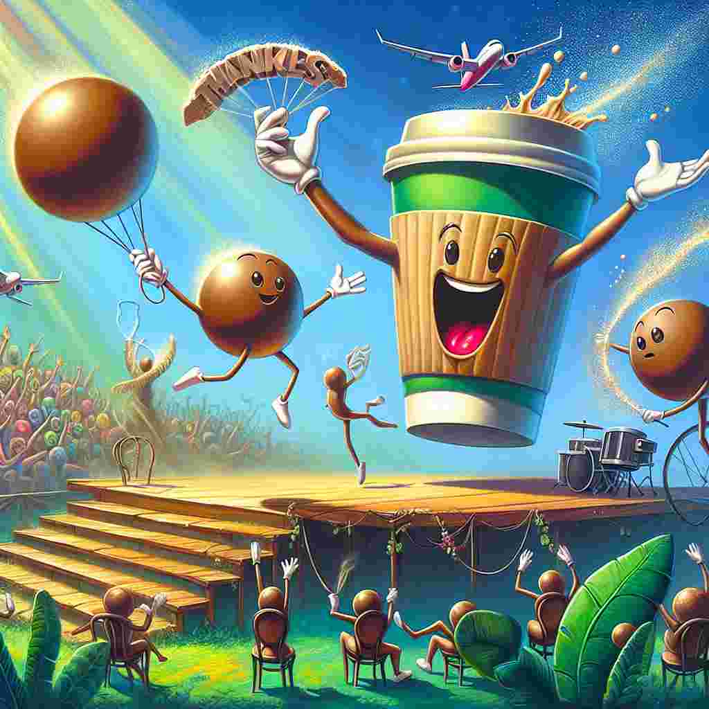 Imagine a cartoonish depiction full of enchanting elements - a brimming coffee cup is the center stage that adopts humanlike qualities to display a warm, thankful gesture. Its arms are thrown open wide in an expressive welcoming. There are jubilant, anthropomorphic spheres of Maltesers animatedly dancing on funky, artsy chairs, paying homage to Broadway choreography. Splashes of verdant green liven up the image with lively plant details in the foreground. In the background, artistically stylized planes ascend into the sky, dragging banners behind them that spell out the word 'Thanks!'. The overall scene buzzes with a theatrical atmosphere, symbolizing gratitude with a dash of humor and the energetic buzz of caffeinated enthusiasm.
Generated with these themes: Coffee, Maltesers, Chairs, Plants, Airplanes, and Theatre.
Made with ❤️ by AI.