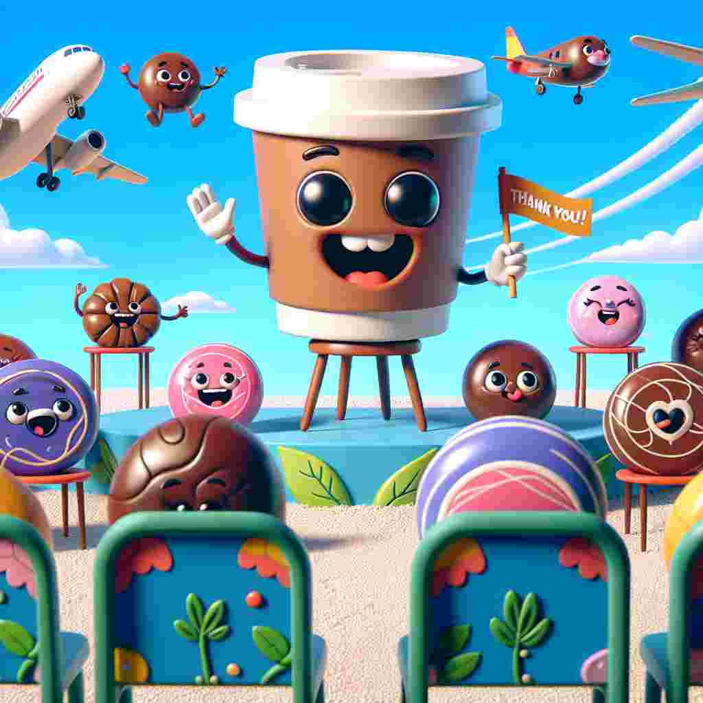 Create a whimsical cartoon scene featuring a quirky coffee cup character at its center. This character has a beaming smile and is holding a banner that reads 'Thank You!' Surrounding this main character are animated round chocolates, each one showing off an exaggerated, joyful expression. These characters sit on colorful chairs designed with plant motifs. They are set against a playful backdrop of cartoon airplanes zooming across a clear blue sky. The overall setting gives the vibe of an open-air theatre, and the characters altogether seem to be gathered for a light-hearted, comedic performance where they express their gratitude.
Generated with these themes: Coffee, Maltesers, Chairs, Plants, Airplanes, and Theatre.
Made with ❤️ by AI.