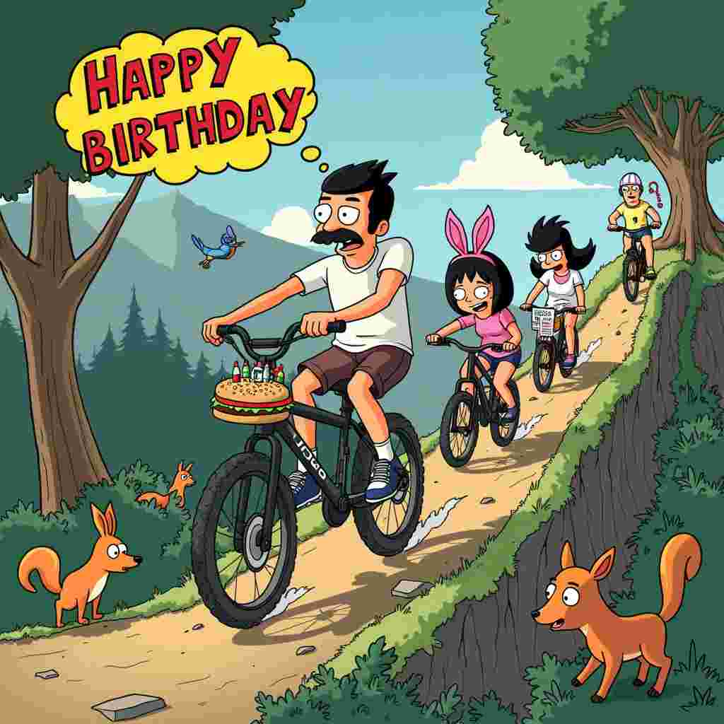 The front cover of the birthday greeting card features a bustling, humorous scene blending elements of "Bob's Burgers" and mountain biking. Picture this: The Belcher family has decided to celebrate Gene's birthday with a mountain biking trip. The scene is set on a steep, cartoonishly exaggerated mountain trail that winds precariously through a lush forest. 

At the center, you see Bob, Linda, Tina, Gene, and Louise on their respective mountain bikes, each embodying their unique personalities in a quirky way. Bob, with his recognizable mustache, is in front, looking determined but slightly out of his element. His bike is a bit older and has a basket in the front with a spatula and a ketchup bottle poking out, a nod to his burger-flipping career. Linda is right behind him, her bike adorned with festive streamers and a big, colorful "Happy Birthday" banner fluttering in the wind. She’s singing loudly, her mouth wide open and eyes closed, completely oblivious to the steep drop beside her.

Tina, further back, is pedaling slowly and dreamily. Her bike has a unicorn sticker on the frame, and she's wearing her signature glasses. In a hilarious twist, she’s reading a book titled "Horse Riding Tips" while trying to stay upright on her bike. Gene, the birthday boy, is riding a bike with a portable keyboard attached to the handlebars. He’s wearing his burger costume, and the bike horn is replaced with a musical keyboard that he's enthusiastically playing, filling the air with off-key birthday tunes.

Louise, ever the daredevil, is at the back, riding a mountain bike with flames painted on it. She's sporting her iconic pink bunny ears, and there’s a mischievous grin on her face as she launches off a makeshift ramp made of tree roots, mid-air, leaving a trail of exaggerated dust clouds behind her.

In the background, the forest is alive with cartoonish animals reacting to the chaos: a deer looking startled, a squirrel with its mouth open in shock, and a bird flying away, its nest teetering precariously on a branch. Off to the side, the family’s burger joint, Bob’s Burgers, has a pop-up stand with a colorful “Mountain Burger Special” sign, attended by Teddy who’s grilling burgers and waving at the family.

The sky is a bright, clear blue with a few fluffy clouds, and the whole scene is filled with vibrant colors, dynamic action lines, and playful details, creating a perfect blend of "Bob's Burgers" charm and mountain biking adventure for a memorable birthday greeting card.
Generated with these themes: Bob's Burgers, and Mountain Bikes.
Made with ❤️ by AI.