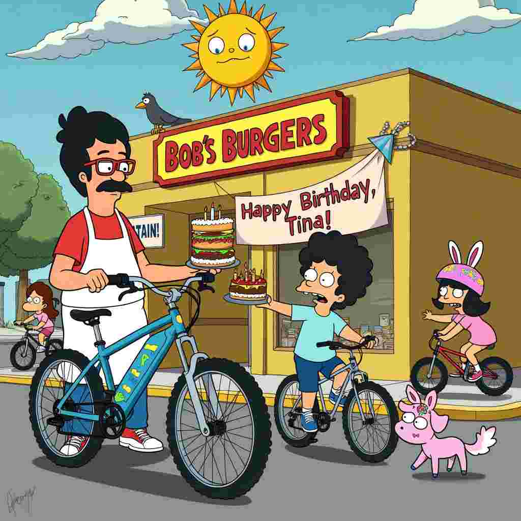 In the bustling, cartoonish world of Bob's Burgers, we find ourselves in front of the charmingly quirky Bob's Burgers restaurant, with the Belcher family standing outside. The building has its usual mustard-yellow exterior, with the "Bob's Burgers" sign prominently displayed. Bob, with his trademark mustache and apron, is adjusting the seat of a mountain bike. The bike has a sleek, modern design with bright blue and red accents. It’s decked out with a small burger-shaped bell on the handlebar, nodding to the family business.

Standing next to Bob, Linda, with her signature red glasses and animated expression, is holding a birthday cake with colorful frosting and candles in the shape of mountain bike tires. She's balancing it precariously, almost tipping over as she excitedly points towards a large banner strung across the restaurant's front that reads, "Happy Birthday, Tina!" in bold, festive letters.

Tina, the eldest daughter with her familiar blue shirt and glasses, is sitting on another mountain bike. Her bike is uniquely decorated with unicorn stickers and has streamers flowing from the handlebars. She's donning a helmet that humorously has a little plush unicorn horn on it. Her face is a mix of joy and typical deadpan expression, epitomizing her unique personality.

In the background, we see Gene and Louise engaging in their usual antics. Gene, in his burger costume, is juggling a set of bike tires like they’re oversized hoops. Louise, wearing her pink bunny ears hat, is pedaling a tiny, comically small bike with wild enthusiasm. Behind them, a colorful stack of burgers, some in the shape of mountain bike parts, is visible through the restaurant window.

Above the whole scene, the sky is dotted with fluffy clouds, and a comically large sun, styled with a face, is winking down at the family, adding a playful touch to the scene. There's also a friendly pigeon wearing a miniature mountain bike helmet perched on the restaurant's sign, seemingly part of the celebration.

The entire scene is brimming with detail, each character's personality shining through their actions and the whimsical incorporation of mountain bikes into their everyday life, all while maintaining the beloved charm of the Bob’s Burgers universe.
Generated with these themes: Bob's Burgers, and Mountain Bikes.
Made with ❤️ by AI.