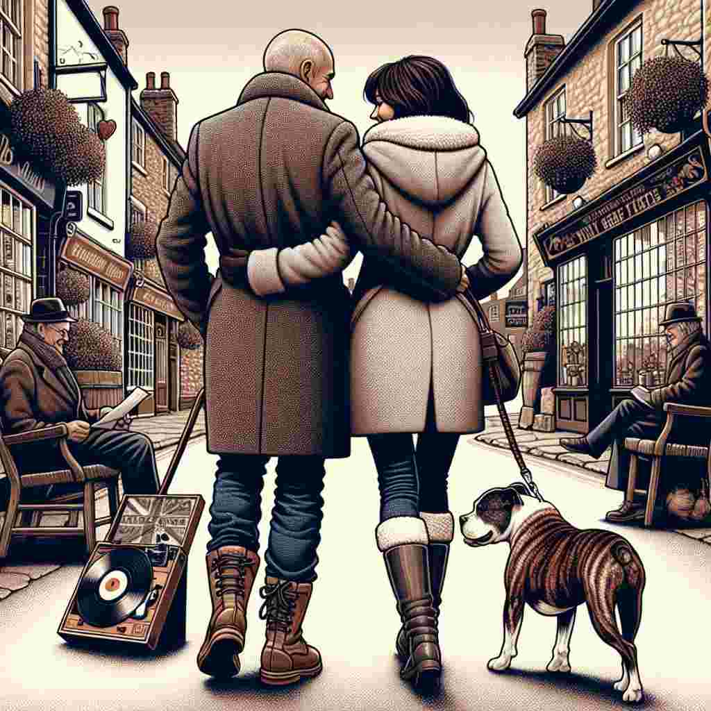 Create a heartwarming Valentine's Day themed illustration. The scene is set in a quaint English market town and captures a romantic moment. We see a middle-aged Caucasian couple from behind, engaged in tender companionship. The slim, bald man is holding hands with his partner, a brunette woman with a fuller figure and shoulder-length hair that brushes against her coat. They are dressed in winter attire, boots prepped for an adventurous journey. A brindle Staffordshire bull terrier is seen obediently walking by their side, his leash held securely in their hands. They are heading towards a vinyl records shop, an emblem of their shared interests and love. The overall illustration signifies the joyous celebration of Valentine's Day.
Generated with these themes: The back of a white British couple. middle aged, late 50s. bald headed man, slim build. Brunette shoulder length hair lady, overweight. wearing coats and boots., Walking holding hands, with a brindle Staffordshire bull terrier on a lead, English market town, Buying vinyl records, Love, and Happy Valentine's.
Made with ❤️ by AI.