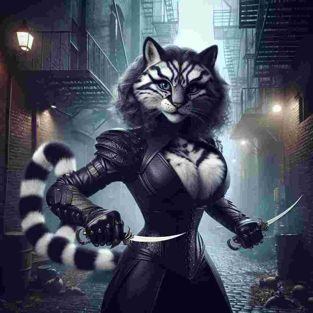 Imagine a surreal fantasy scene set in a shadowy alleyway, which adds a whimsical touch to the concept of a birthday. At the center of the scene, there is a feline creature somewhat human in shape, but covered with striped black and white fur. She's a female Hispanic character, with an exaggeratedly voluptuous build. Dressed in tightly fitting dark leather armor that accentuates her curves, she appears to be a robust and agile rogue. In her hands, she skillfully wields twin daggers, a testament to her dangerous occupation. Her sharp, piercing eyes burn brightly under the dim light from a distant street lamp. The hint of her predator lineage can be seen in her stance and gaze. Despite the birthday theme, there is an unmistakable sense of danger in the air, suggesting a celebration that's out of the ordinary.
Generated with these themes: Cat humanoid female, Black and white striped fur , Big chest, Leather armour, Rogue , Fantasy, Dark, Alleyway, Daggers, and Assassin.
Made with ❤️ by AI.