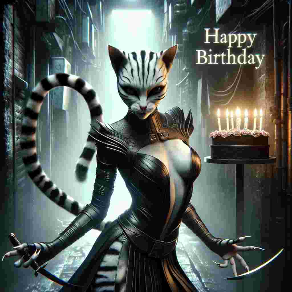 Create a surrealist image with a birthday theme. In the heart of the night that brings forth an alleyway, a point exists where fantasy and darkness dance together. In this unknown territory, feature a female humanoid cat with intriguing stripes of black and white playing with the chiaroscuro of the ambiance. Her dominant physique is draped in sleek leather armour that alludes to her role as a rogue assassin from an otherworldly realm. Standing poised with daggers at the ready, her presence is a thrilling blend of attraction and danger. This is not your everyday birthday—instead, it's a whimsical rendezvous with the unknown, where the unusual becomes the norm.
Generated with these themes: Cat humanoid female, Black and white striped fur , Big chest, Leather armour, Rogue , Fantasy, Dark, Alleyway, Daggers, and Assassin.
Made with ❤️ by AI.