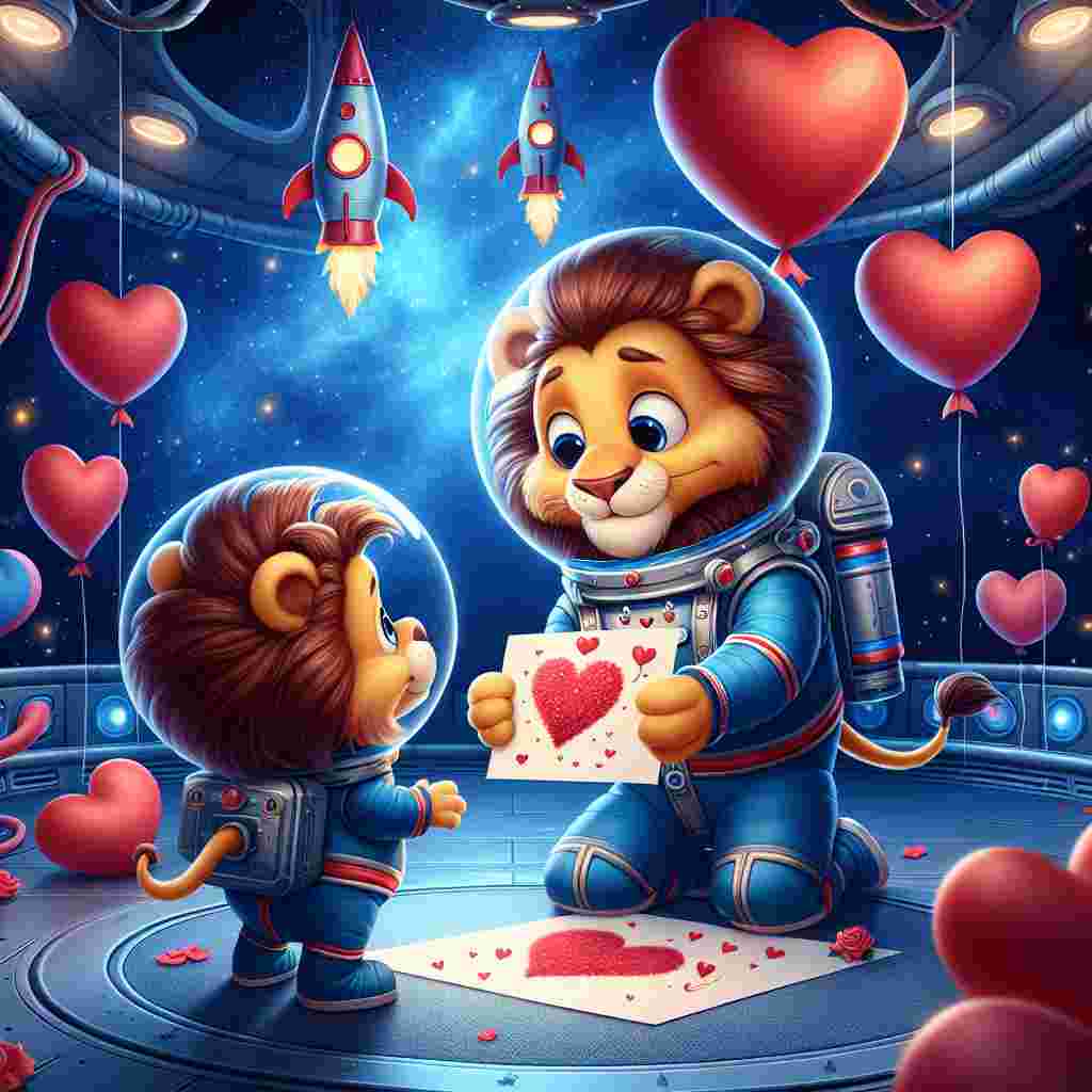 Create an endearing scene for Valentine's Day. The main characters are two cartoon lion brothers, engaged in a playful activity within a space station. The environment is adorned with festive Valentine's decorations. The older lion brother, dressed in a vibrant blue spacesuit, is handing over a hand-drawn Valentine card to his younger sibling. The card's unique feature is a cartoon rocket crafted into the shape of a heart. Accentuating the background are heart-shaped balloons floating in zero gravity with the deep blue cosmos, adorned with twinkling stars, enveloping the area around them.
Generated with these themes: Lions, Space, Brother, and Blue.
Made with ❤️ by AI.